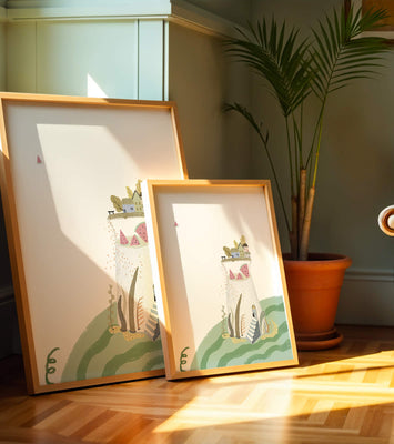 Whimsical Landscape with Fantasy Village and Watermelon Elements