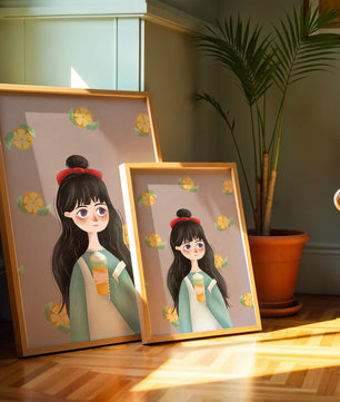 Illustration of a girl with a beverage surrounded by citrus slices