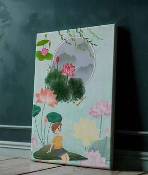 Serene illustration of a child in a lotus garden with vibrant flora
