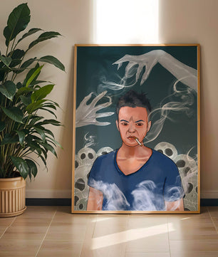 A Person Surrounded by Smoke and Ghostly Hands with Skulls in the Background