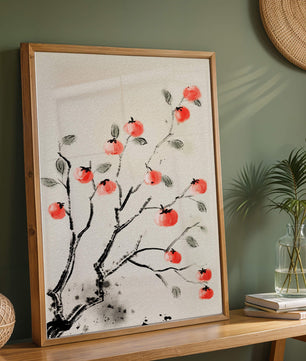 Elegant botanical illustration with vibrant red fruit on branches