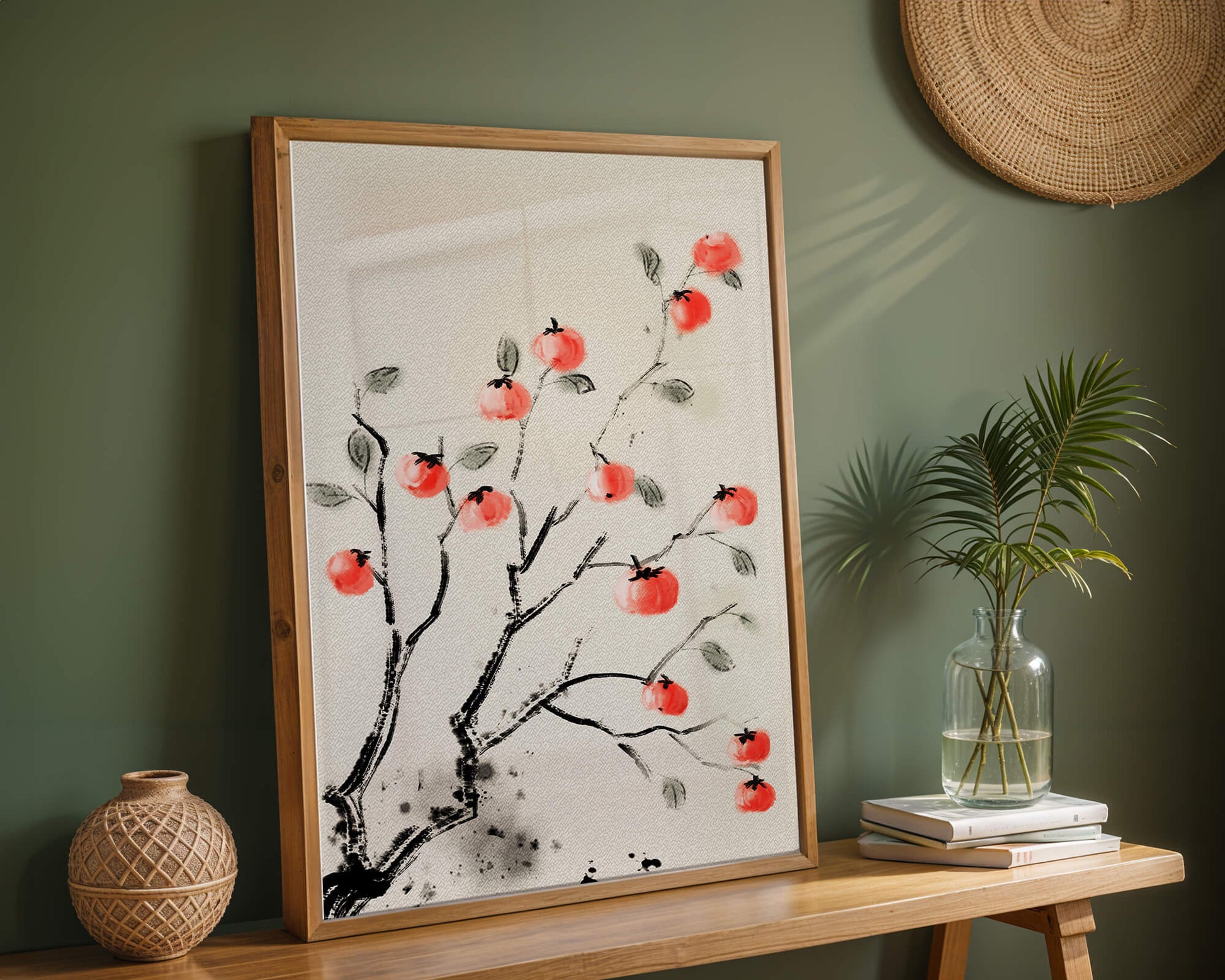 Elegant botanical illustration with vibrant red fruit on branches