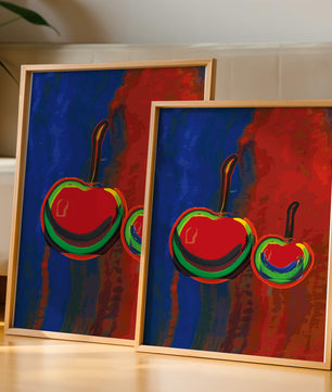Pintura abstracta de cerezas con colores vibrantes