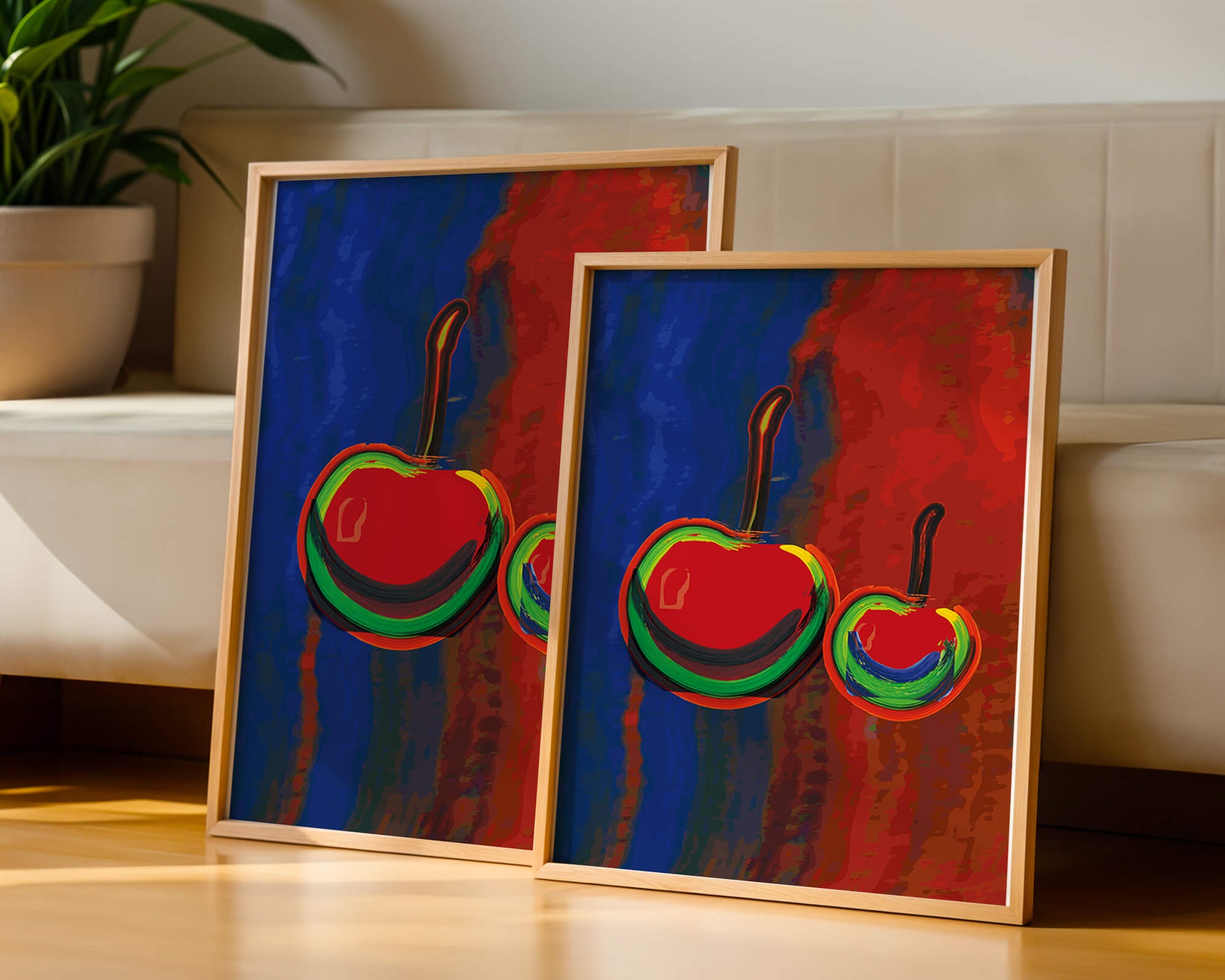 Pintura abstracta de cerezas con colores vibrantes.