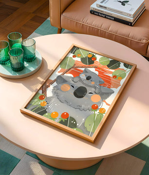 Koalas dans un cadre naturel vibrant aux tons orange et verts