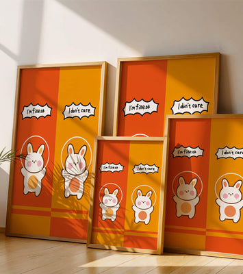 Adorable cartoon bunnies on vibrant orange and yellow background