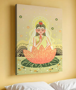 Heitere Illustration einer meditativen Figur auf einem Lotus mit himmlischem Hintergrund