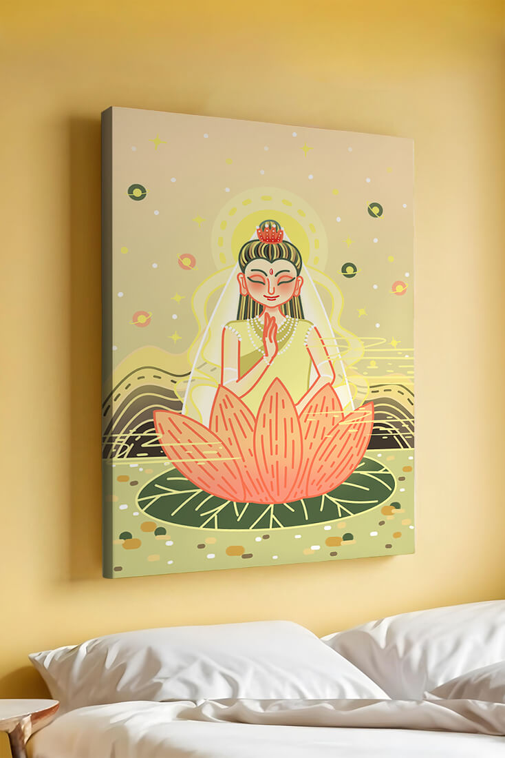 Serene illustration of meditative figure on a lotus with celestial background
