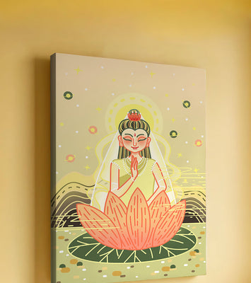 Serene illustration of meditative figure on a lotus with celestial background