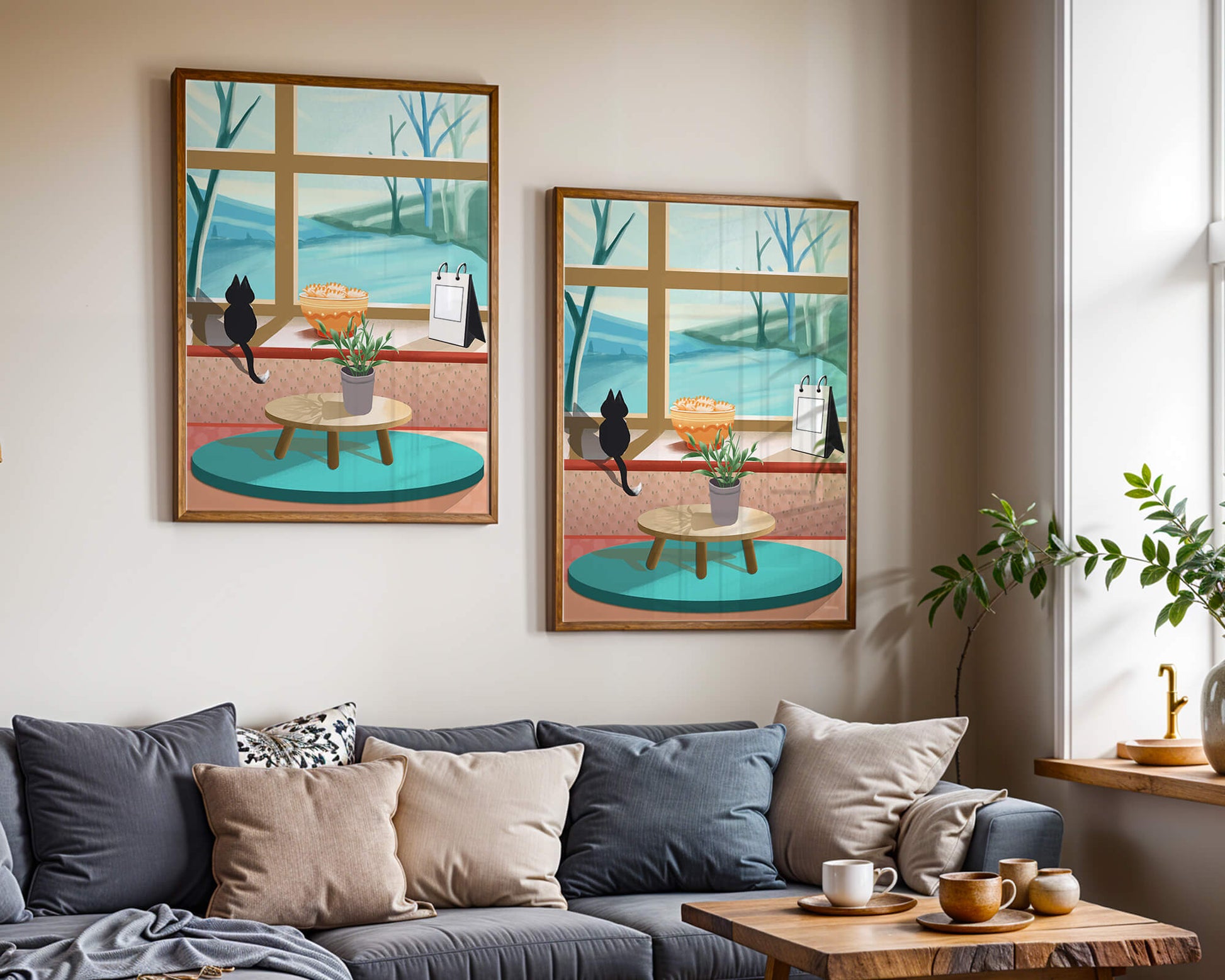 Cozy interior with a cat by the window and potted plants