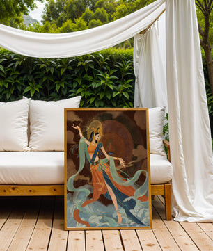 Elegant depiction of an ethereal dancer in vibrant traditional attire