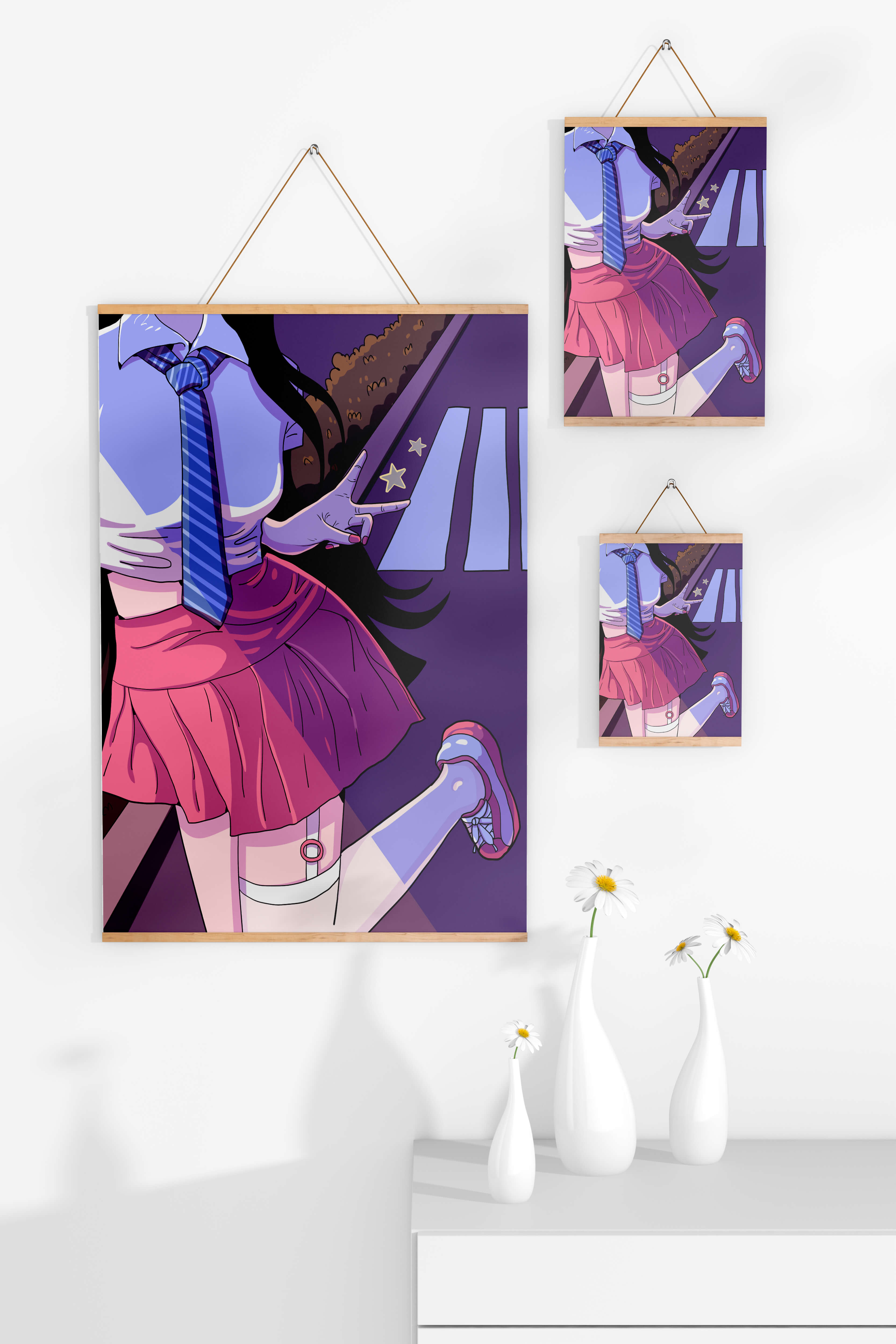 Anime style schoolgirl posing with peace sign in vibrant colors