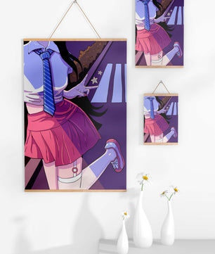 Estilo anime de una escolar posando con el signo de la paz en colores vibrantes