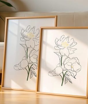 Elegante Pfingstrosen-Linienkunst mit goldenen Akzenten