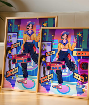 Escena urbana de baile colorida con elementos de hip hop y jazz