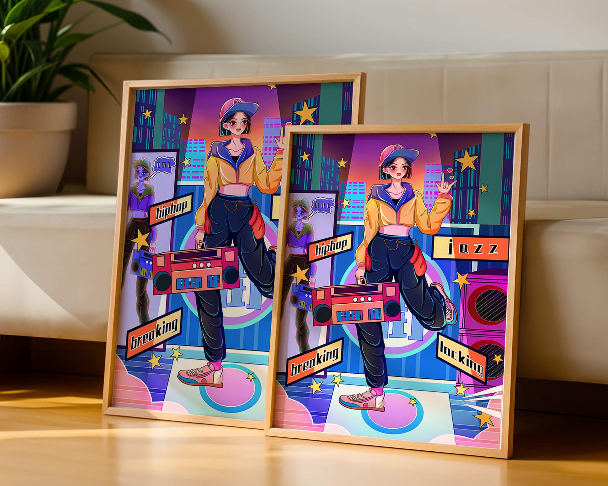 Colorful urban dance scene with hip hop and jazz elements
