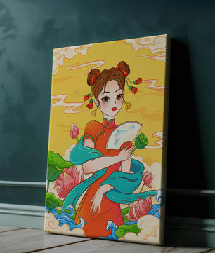 Ilustración oriental que presenta a una chica con atuendo tradicional, un abanico y flores de loto