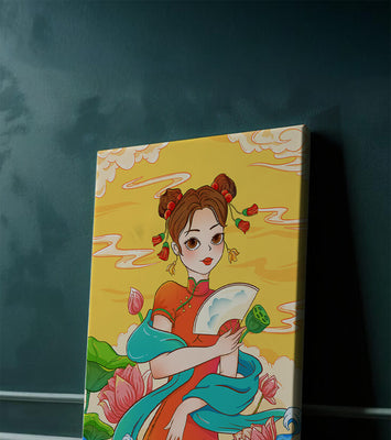 Oriental illustration featuring a girl in traditional attire with a fan and lotus flowers