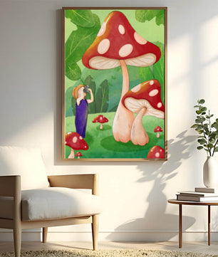 Playful illustration of a child with oversized mushrooms in a whimsical forest setting