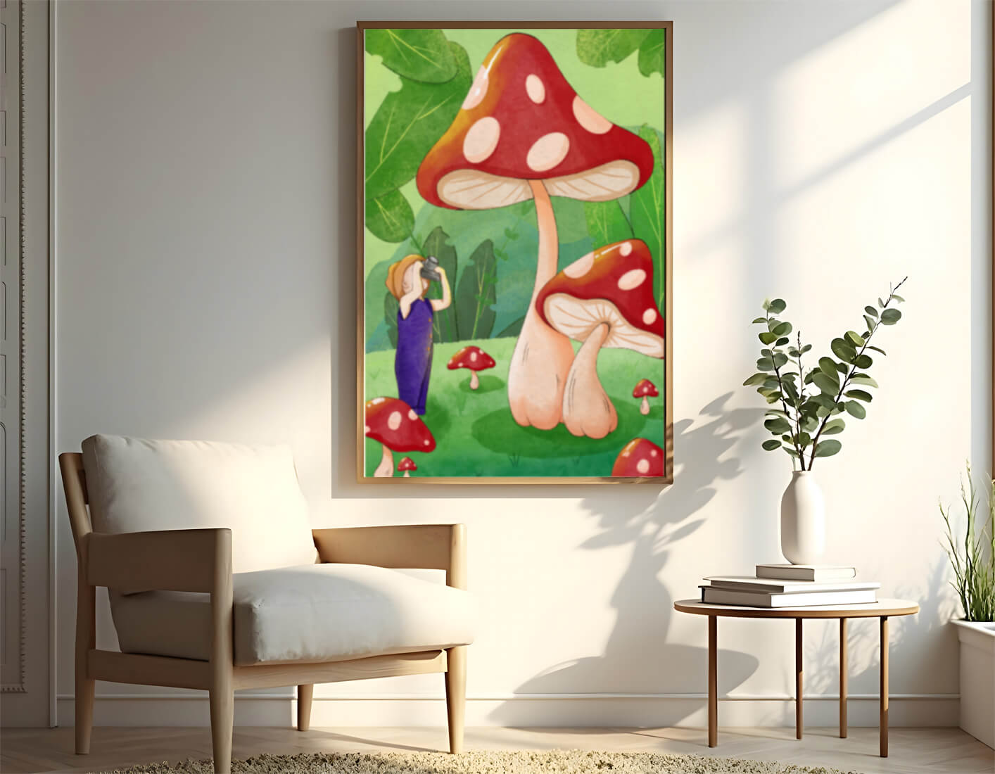 Playful illustration of a child with oversized mushrooms in a whimsical forest setting