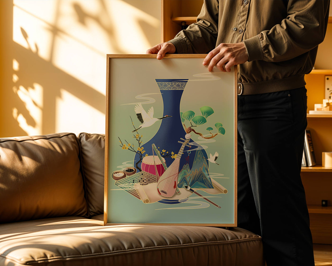 Traditional Asian art scene featuring vase, musical instruments, and cranes