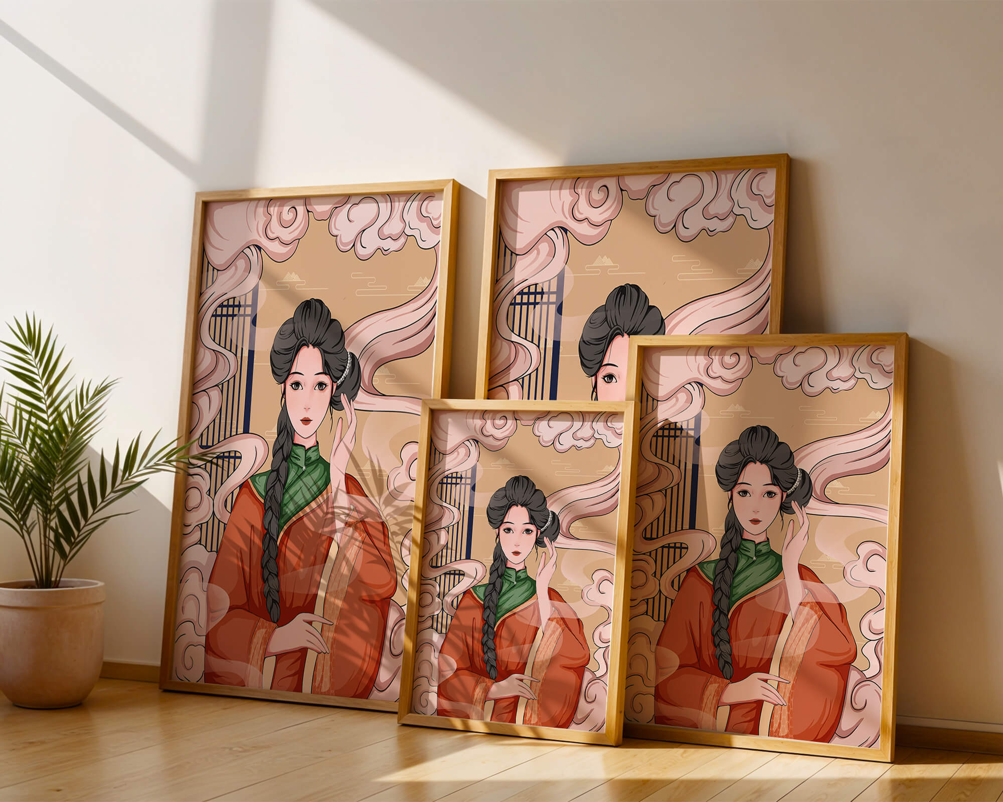 Elegant depiction of a woman in traditional attire with swirling clouds