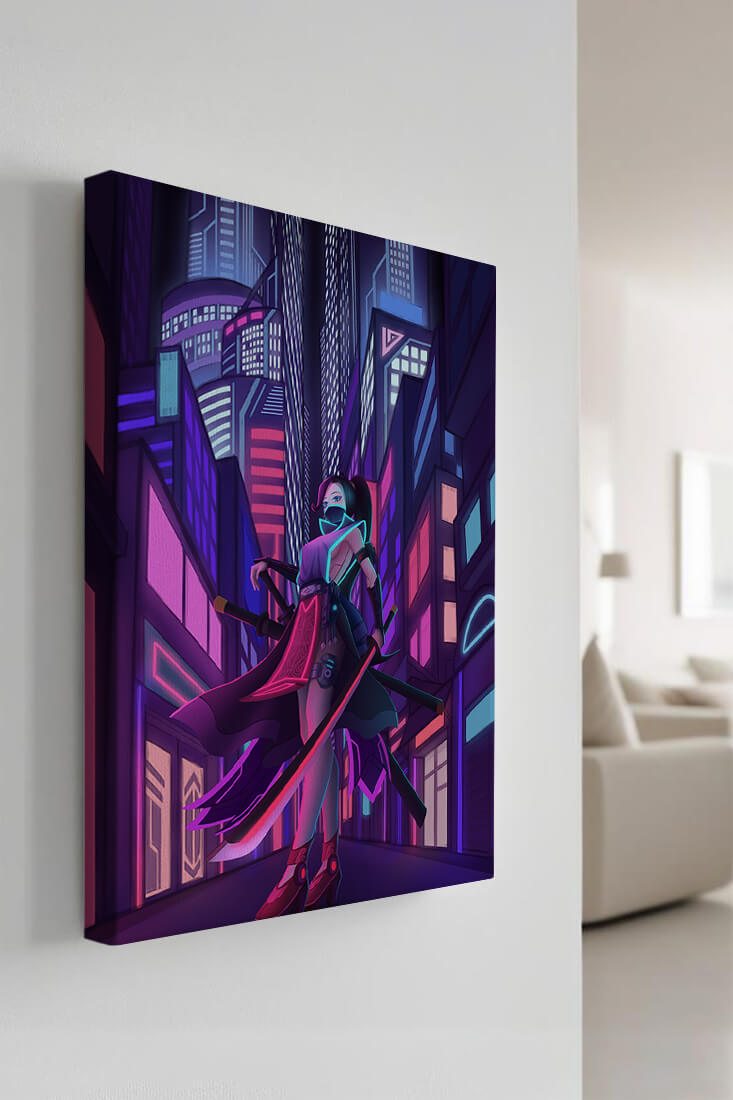 Futuristic cyberpunk cityscape with a female character and neon lights