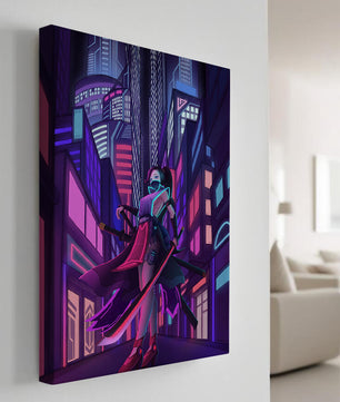 Paisaje urbano futurista de cibercpunk con una protagonista femenina y luces de neón