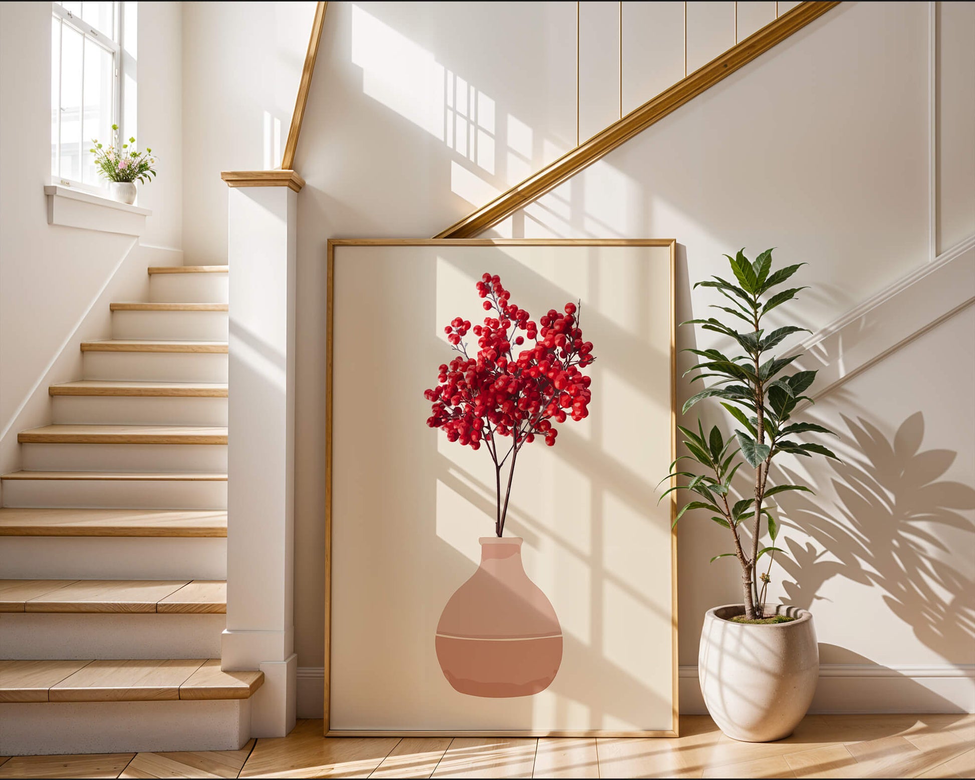 Red berries in minimalist clay vase on neutral background