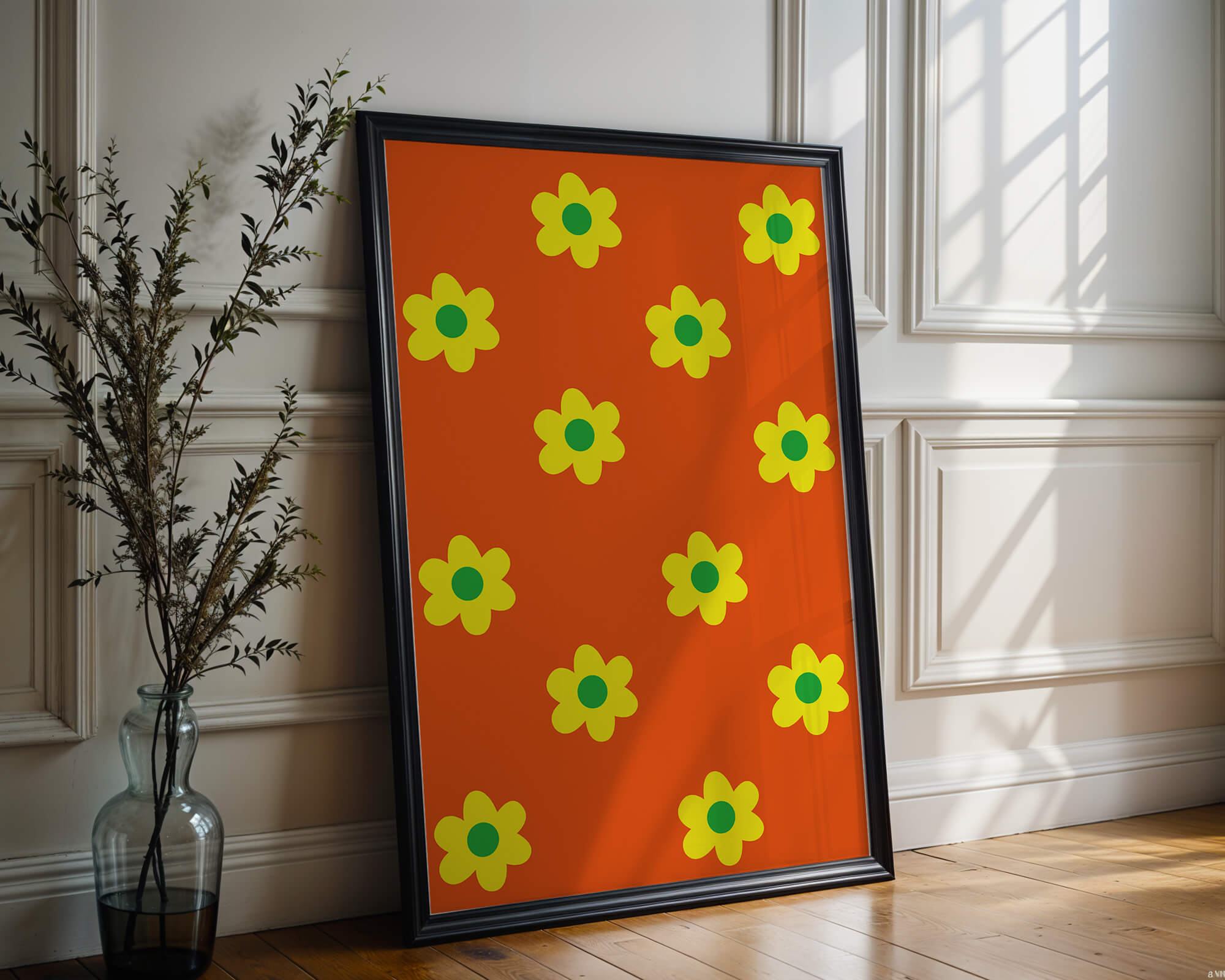 Colorful floral pattern with yellow flowers on orange background