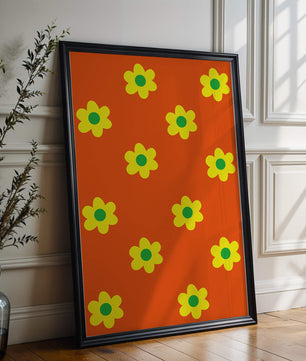 Buntes Blumenmuster mit gelben Blumen auf orangefarbenem Hintergrund