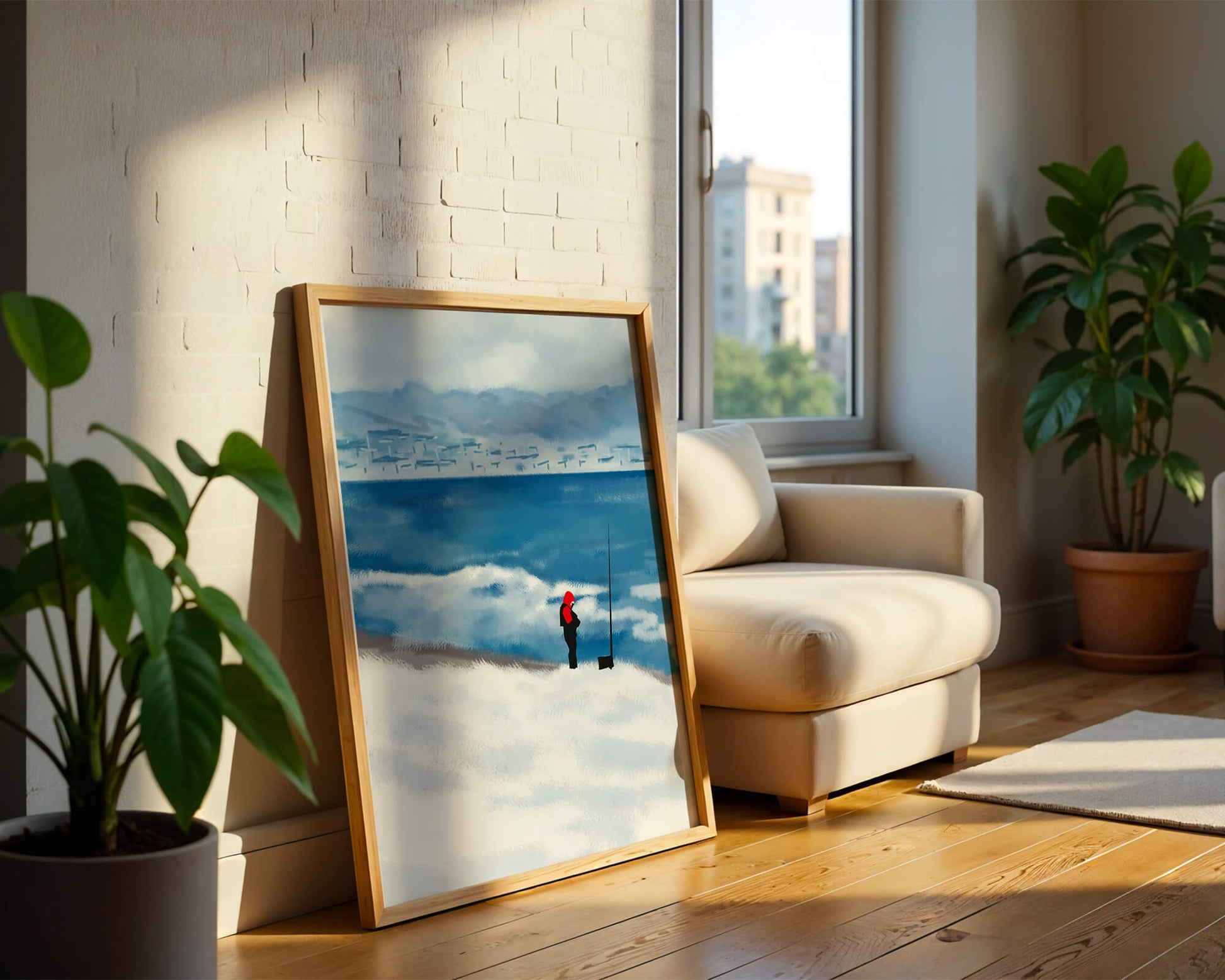 Winterlandschaft mit Person in roter Jacke am Meer