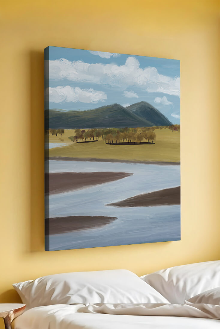 Serene Landscape with Mountains, Trees, and River