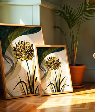 Golden flower artwork with abstract background for contemporary decor