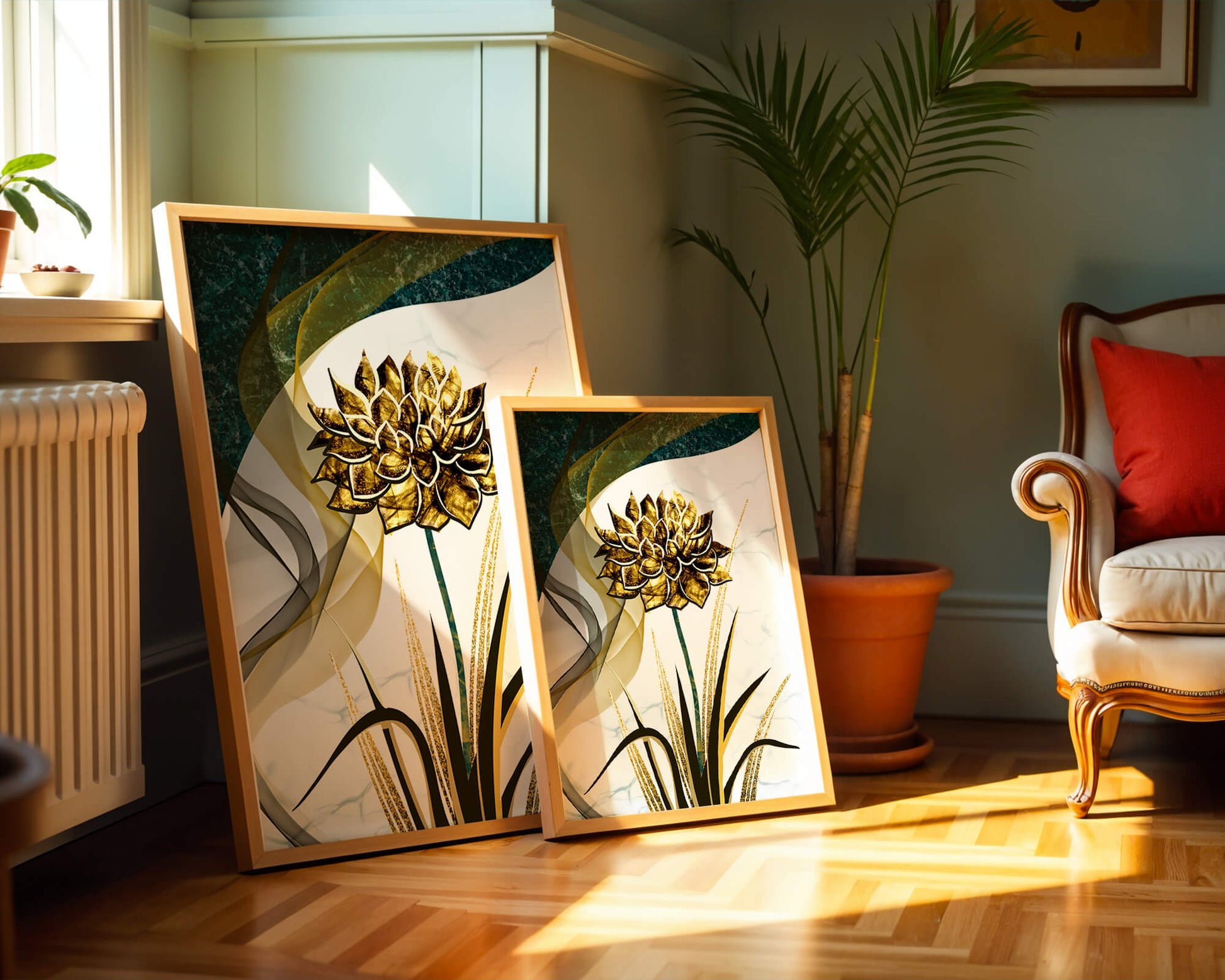 Golden flower artwork with abstract background for contemporary decor