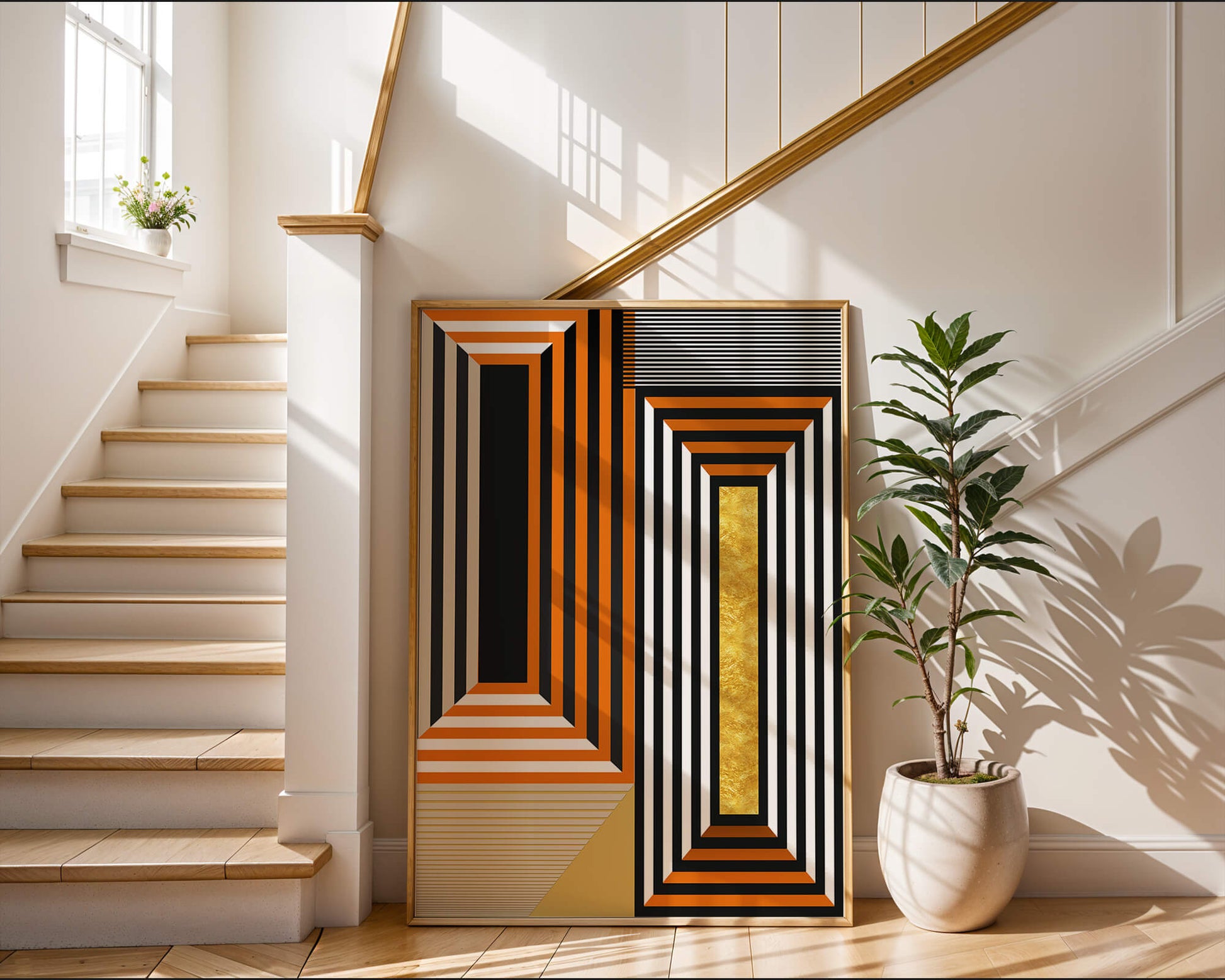 Geometric Abstract Art with Stripes and Gold Element in Orange, Black, and White
