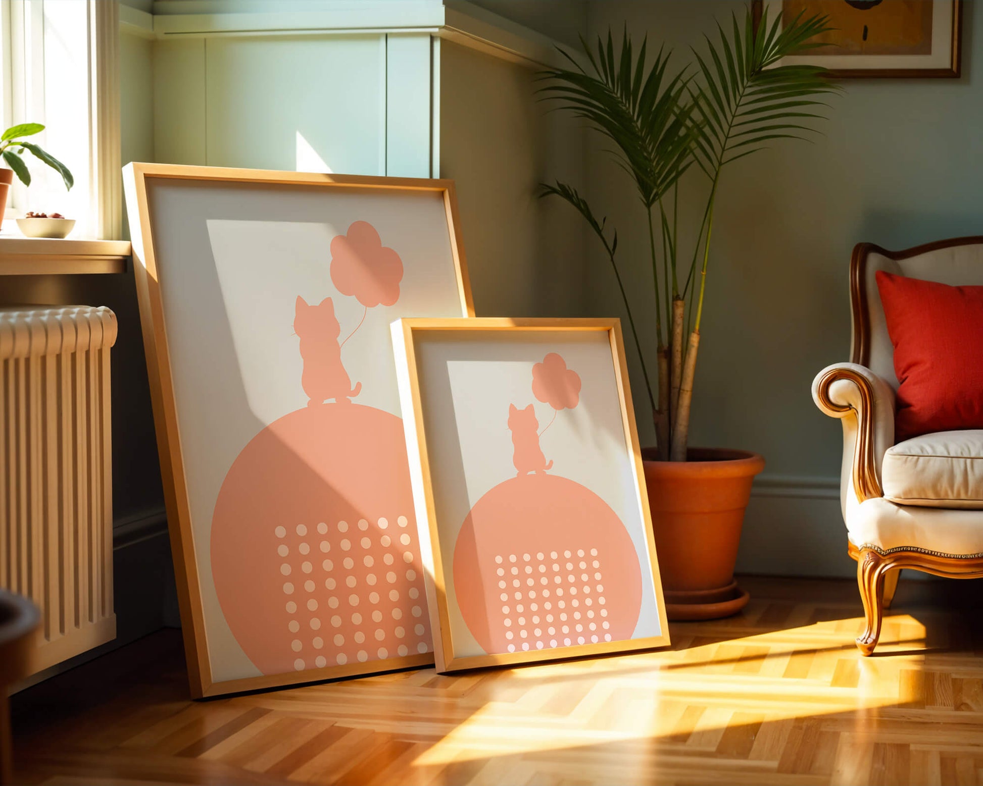 Cat Silhouette with Balloon on Minimalist Circle Background