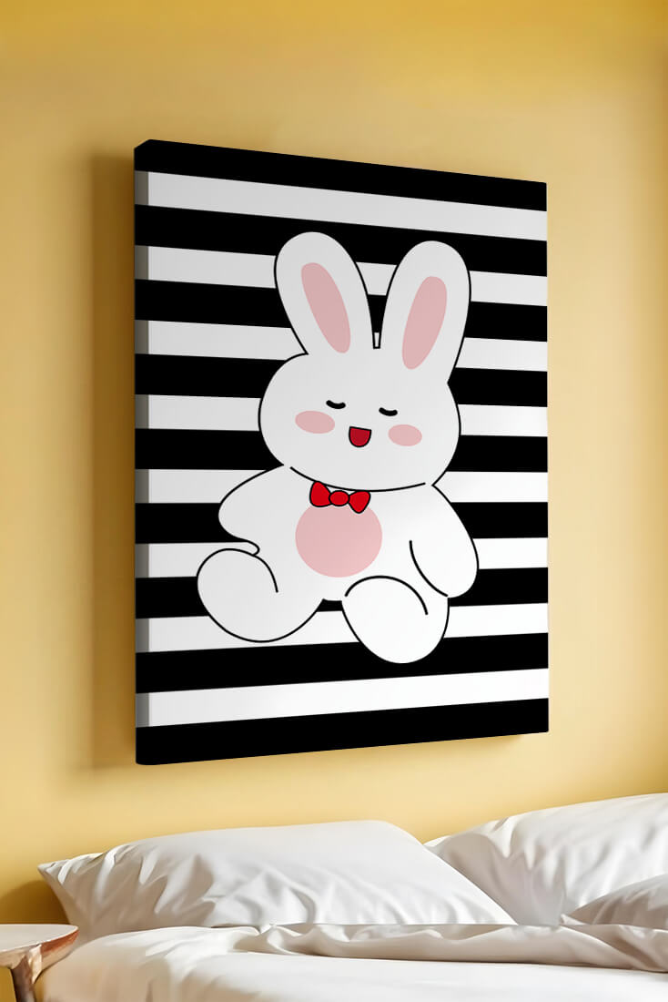 Adorable cartoon bunny with bold stripes and a red bow tie