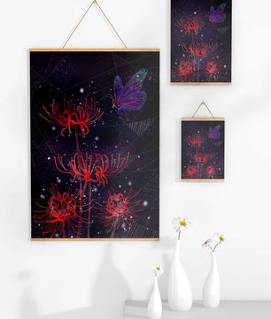 Vivid Night Sky with Red Spider Lilies and Purple Butterfly - Mi tienda