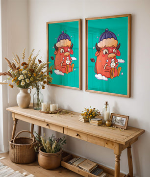 Winter cow cartoon with snowman on turquoise background