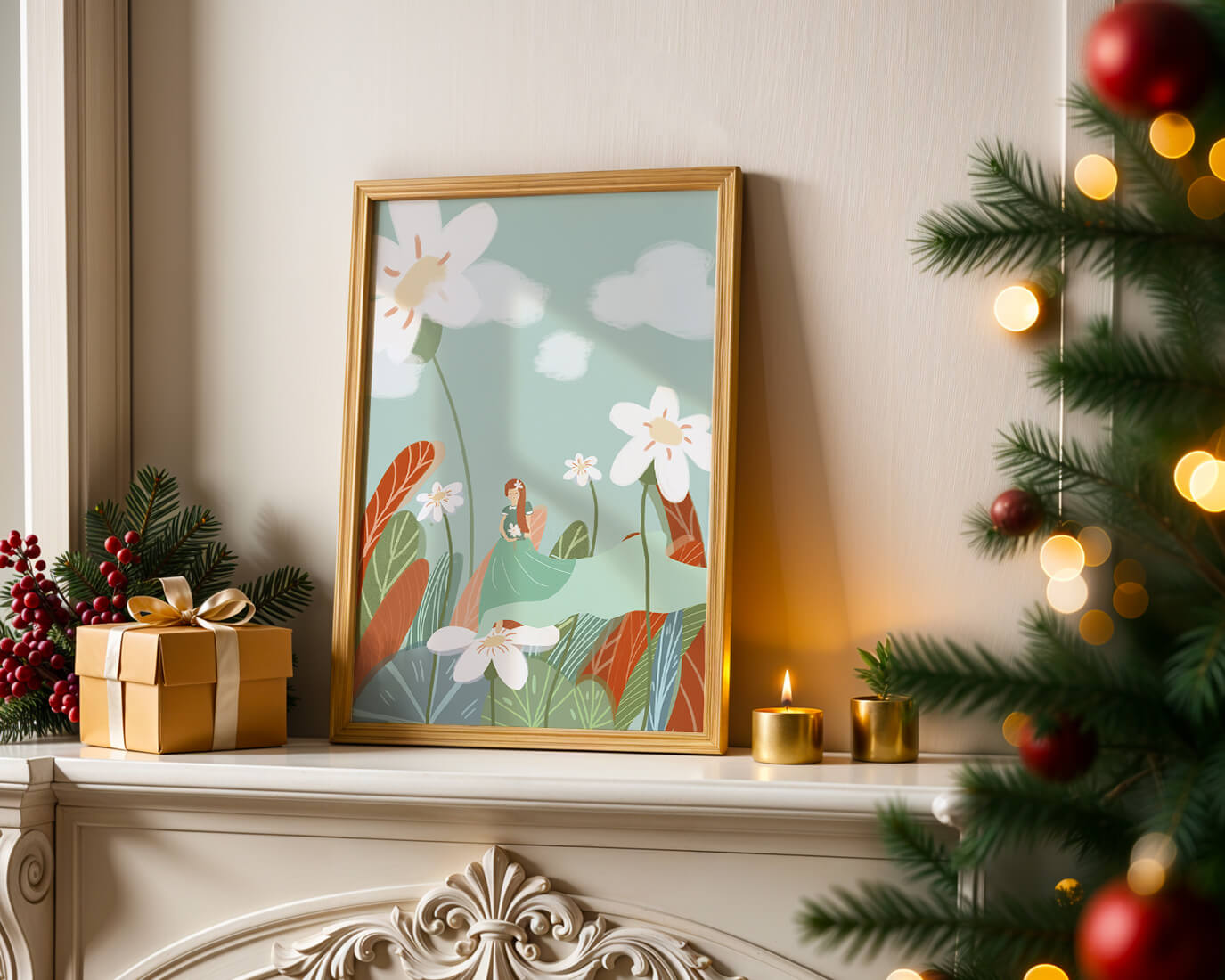 Whimsical garden scene with woman in a floral wonderland