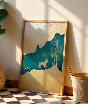 Elegante abstrakte Kunst mit goldenem Hirsch und Naturthema