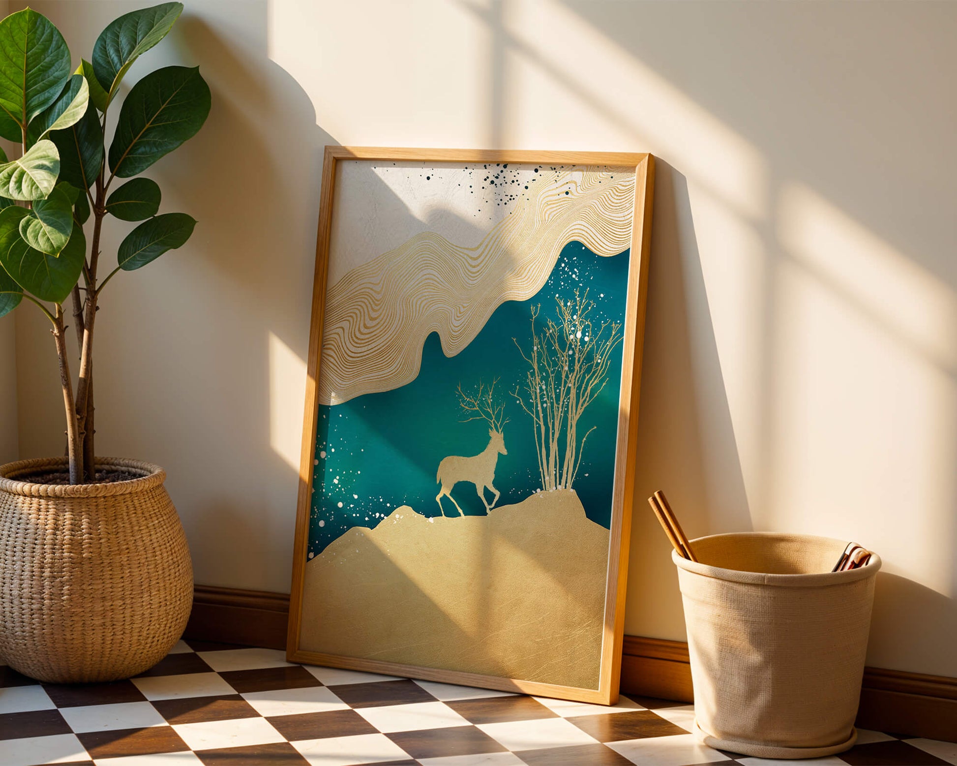 Elegante arte abstracto con ciervos dorados y temática de naturaleza.