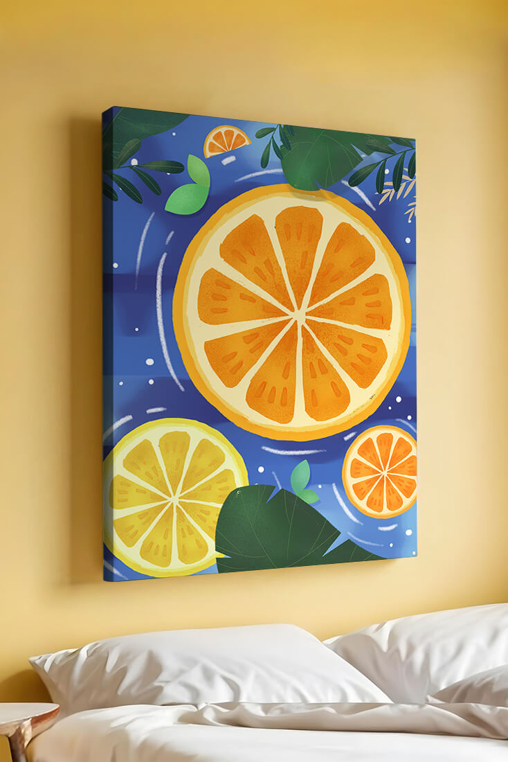 Rodajas de cítricos coloridas sobre fondo azul con hojas tropicales