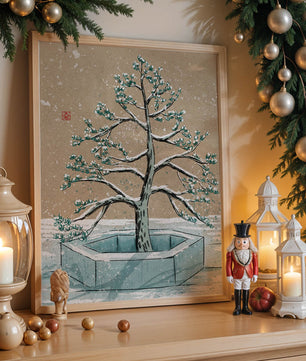 Paisaje invernal con ilustración de árbol bonsái cubierto de nieve