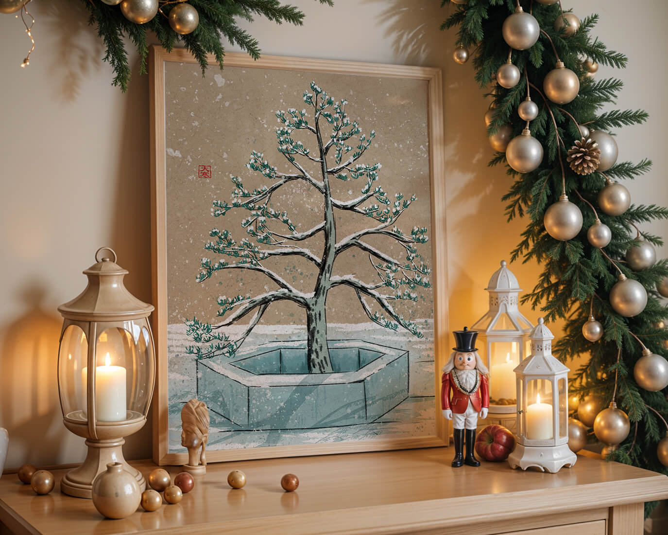 Paisaje invernal con ilustración de árbol bonsái cubierto de nieve