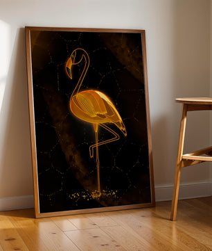 Elegant golden flamingo on abstract dark background
