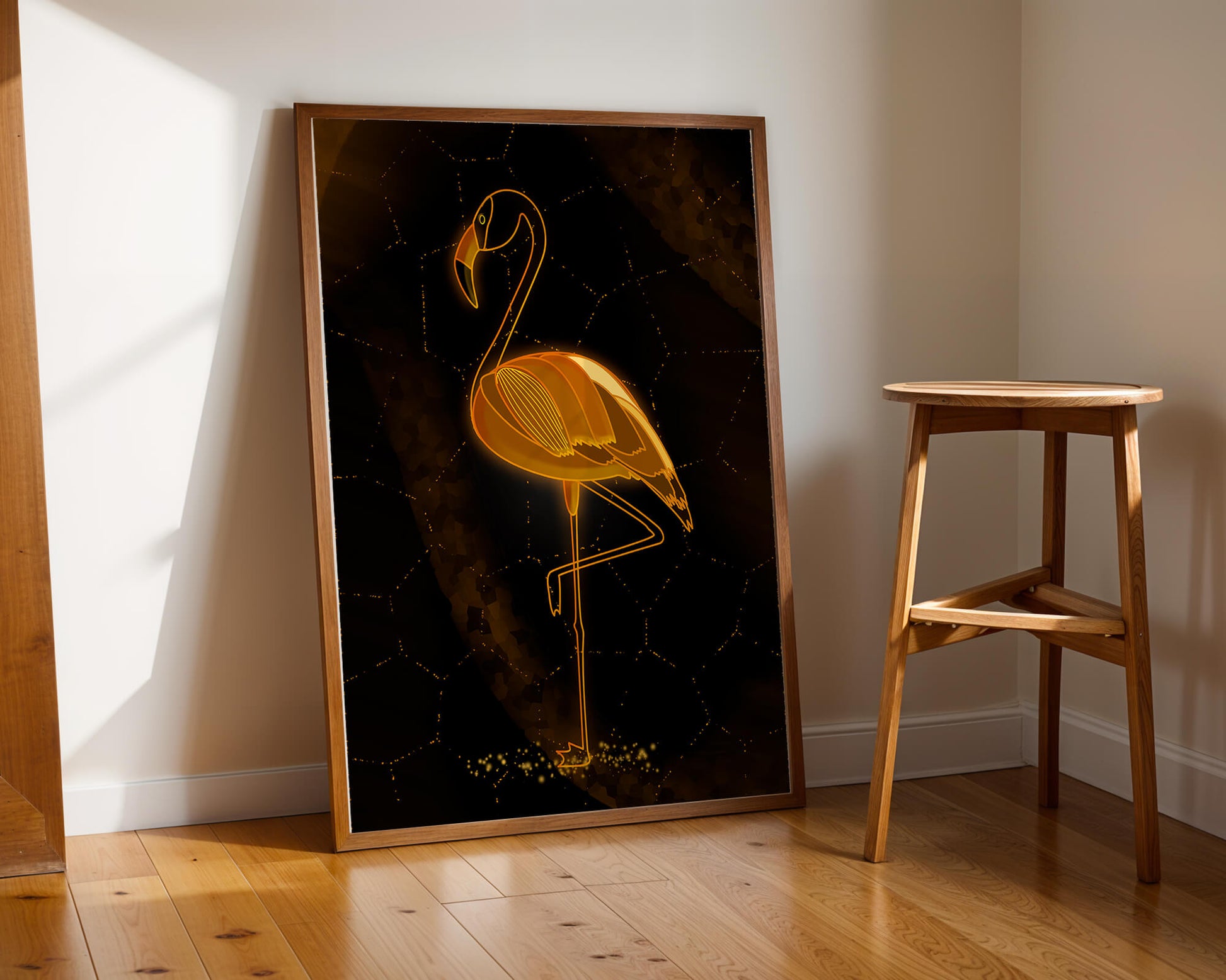 Elegant golden flamingo on abstract dark background