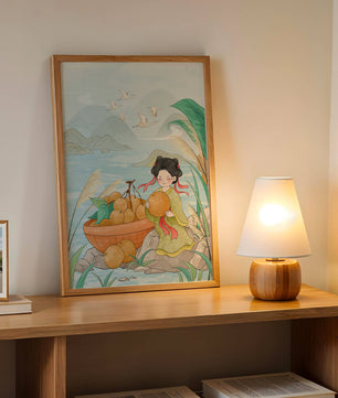 Paisaje sereno con una chica y una cesta de naranjas junto al agua