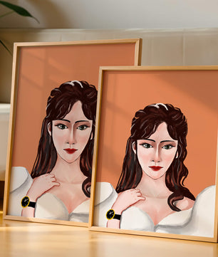 Retrato de una mujer con peinado elegante y reloj dorado